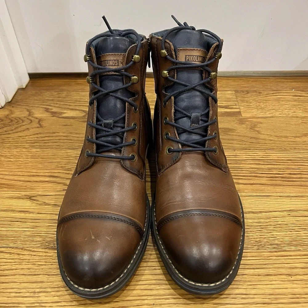 Pikolinos Mens YORK Brown Leather Cap Toe Ankle Zip Lace Up Boots Sz 41 / 8.5 US